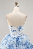 White Blue Flower A-Line Strapless Sequins Printed Graduation Dress