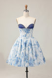 White Blue Flower A-Line Strapless Printed Beaded Graduation Dress