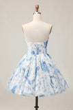 White Blue Flower A-Line Strapless Printed Beaded Graduation Dress