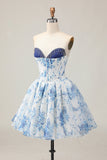 White Blue Flower A-Line Strapless Printed Beaded Graduation Dress
