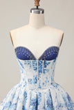 White Blue Flower A-Line Strapless Printed Beaded Graduation Dress