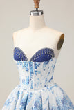 White Blue Flower A-Line Strapless Printed Beaded Graduation Dress