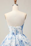 White Blue Flower A-Line Strapless Printed Beaded Graduation Dress