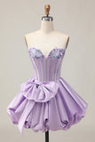 Sparkly Purple A-Line Strapless Sequins Short Graduation Dress with Bow