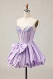 Sparkly Purple A-Line Strapless Sequins Short Graduation Dress with Bow