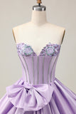 Sparkly Purple A-Line Strapless Sequins Short Graduation Dress with Bow