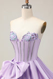Sparkly Purple A-Line Strapless Sequins Short Graduation Dress with Bow