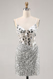 Corset Silver V Neck Bodycon Mirror Graduation Dress