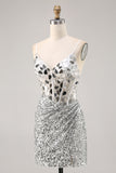 Corset Silver V Neck Bodycon Mirror Graduation Dress