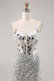 Corset Silver V Neck Bodycon Mirror Graduation Dress