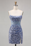 Corset Grey Blue Bodycon Sequin Graduation Dress