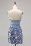 Corset Grey Blue Bodycon Sequin Graduation Dress