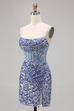 Corset Grey Blue Bodycon Sequin Graduation Dress