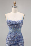 Corset Grey Blue Bodycon Sequin Graduation Dress