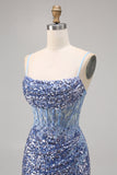 Corset Grey Blue Bodycon Sequin Graduation Dress