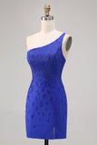 Royal Blue Bodycon Beaded One Shoulder Graduation Dress