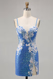 Sparkly Floral Blue Bodycon Sequin Graduation Dress