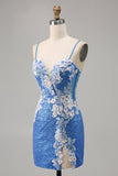 Sparkly Floral Blue Bodycon Sequin Graduation Dress