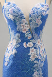 Sparkly Floral Blue Bodycon Sequin Graduation Dress