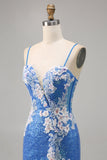 Sparkly Floral Blue Bodycon Sequin Graduation Dress
