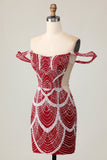 Off the Shoulder Bodycon Red Graduation Dress with Sequins