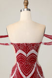 Off the Shoulder Bodycon Red Graduation Dress with Sequins