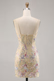 Apricot Bodycon Spaghetti Straps Sequins Short Graduation Dress with Embroidery