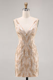 Beaded Champagne Bodycon Graduation Dress with Sequins