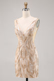 Beaded Champagne Bodycon Graduation Dress with Sequins
