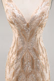 Beaded Champagne Bodycon Graduation Dress with Sequins