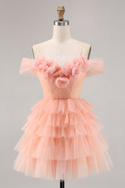 Cute Blush Tiered A Line Graduation Dress with 3D Flowers