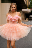 Blush A Line Cold Shoulder Tiered Short Graduation Dress with 3D Flowers