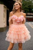 Blush A Line Cold Shoulder Tiered Short Graduation Dress with 3D Flowers