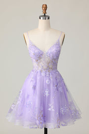 Purple A Line Tulle Graduation Dress with Appliques