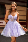 Sparkly Purple A-Line Spaghetti Straps Short Graduation Dress with Appliques