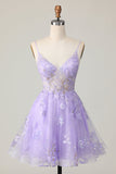 Purple A Line Tulle Graduation Dress with Appliques
