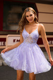 Sparkly Purple A-Line Spaghetti Straps Short Graduation Dress with Appliques