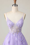Purple A Line Tulle Graduation Dress with Appliques