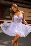 Sparkly Purple A-Line Spaghetti Straps Short Graduation Dress with Appliques