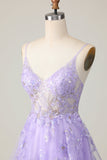 Purple A Line Tulle Graduation Dress with Appliques