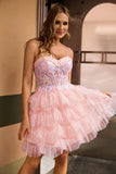 Pink A Line Corset Tiered Short Graduation Dress with Sequins