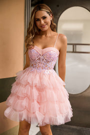Pink A Line Corset Tiered Short Graduation Dress with Sequins