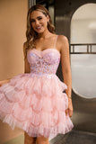 Pink A Line Corset Tiered Short Graduation Dress with Sequins