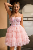 Pink A Line Corset Tiered Short Graduation Dress with Sequins