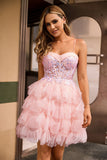 Pink A Line Corset Tiered Short Graduation Dress with Sequins