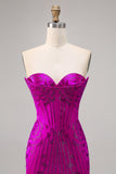 Strapless Fuchsia Bodycon Beaded Graduation Dress