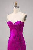 Strapless Fuchsia Bodycon Beaded Graduation Dress