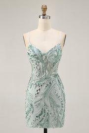 Green Beaded Bodycon Graduation Dress with Lace Up Back