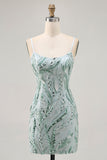 Green Bodycon Spaghetti Straps Beaded Graduation Dress with Sequins