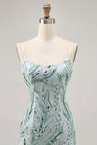 Green Bodycon Spaghetti Straps Beaded Graduation Dress with Sequins